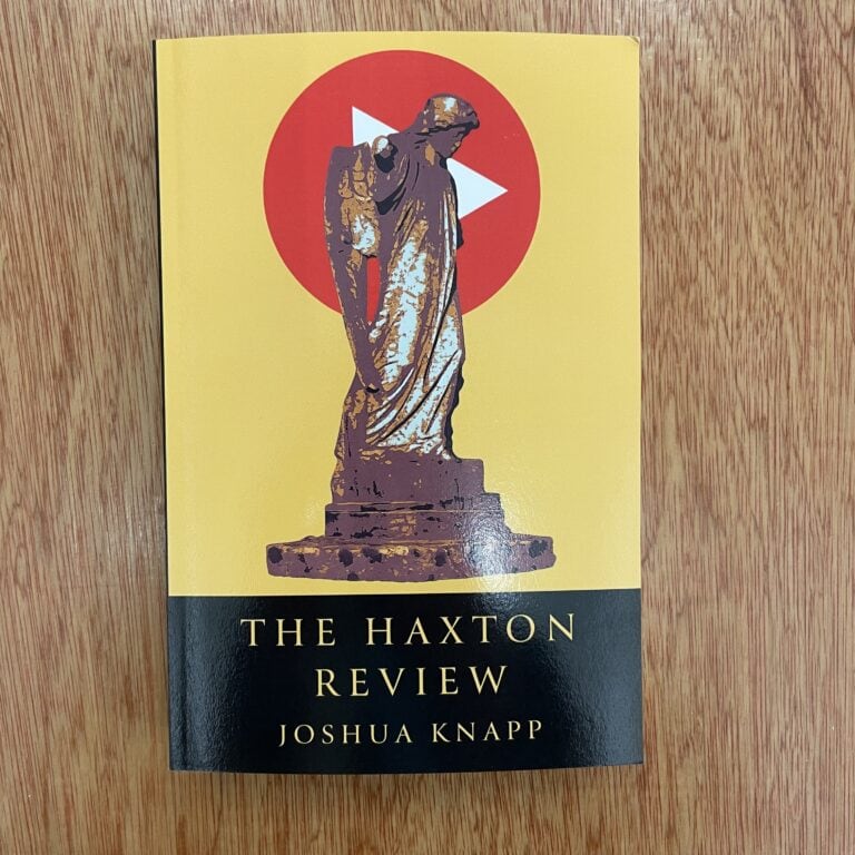 Cover of 'The Haxton Review' by Joshua Knapp featuring a classical statue with a play button symbol in the background.